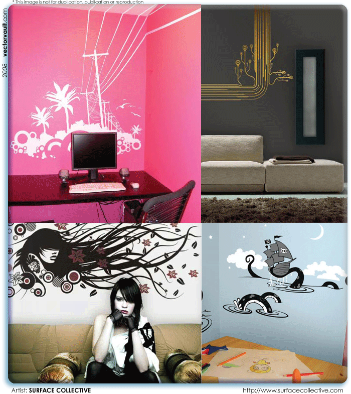 Their removable Wall Tattoos, cut from adhesive vinyl, transform a flat 